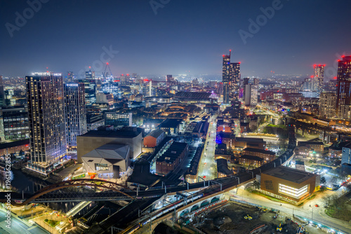 Photos Manchester city centre Castlefield aerial view at dusk, River Irwell waterfront