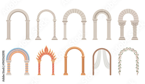 Architecture Arch with Columns Vector Set, Ancient Pillars and Ornamental Classic Design Illustration Isolated on White Background for Historical, Roman, Greek and Decorative Design Projects