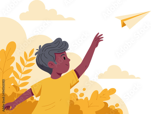 A boy launches a paper airplane, embodying childhood dreams against a vibrant, sunny backdrop. A joyful, nostalgic scene perfect for inspirational visuals.