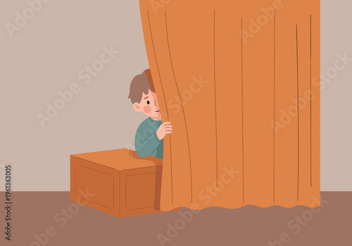 A young boy playfully hides behind a curtain in a hide-and-seek game. Warm colors and a simple illustration style create a cheerful, engaging scene.