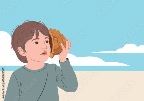 A young boy listens intently to a seashell by the ocean, capturing the sound of the waves. Soft colors and a serene background evoke a sense of wonder and tranquility.