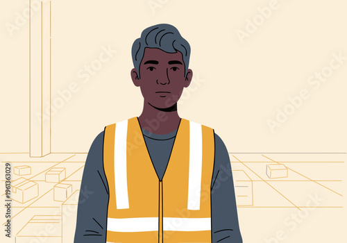 A cargo handler in a yellow vest performs a vest check in a warehouse setting. Clear, professional illustration. Suitable for commercial use.