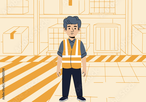 A cargo handler in a high-visibility vest checks a warehouse shelf. Clean, modern setting with striped flooring. Professional, safe, and organized.