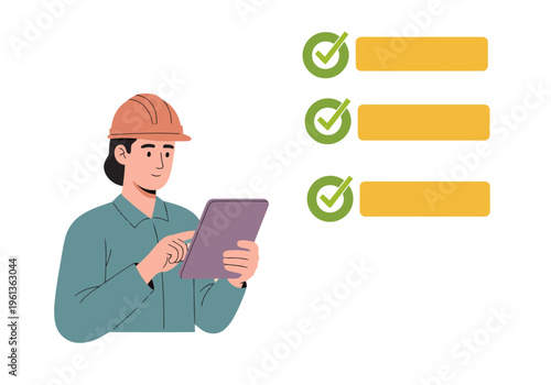 A female construction worker reviews a tablet displaying safety protocols. Clear visuals, zero shadows, zero gradients, and zero small objects. Professional, modern, and safe.