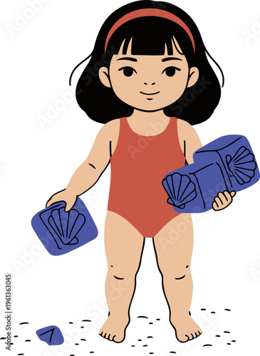 A cute little girl enjoys a beach summer with seashells. She holds a toy bucket filled with shells, evoking a joyful summer scene.  Bright, playful illustration.