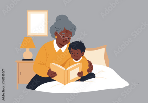 An elderly woman reads a bedtime story to a young boy, fostering a heartwarming family bond. Soft colors and a cozy setting create a comforting image.