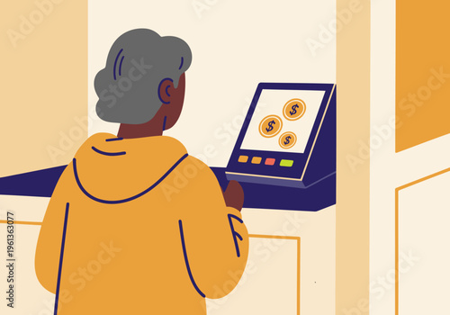 An elderly woman uses a digital kiosk to purchase tokens. Modern design, warm colors, and a focus on accessibility. Suitable for business and technology themes.