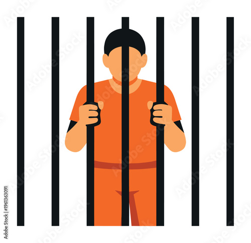 Prisoner standing behind jail cell bars, wearing an orange jumpsuit. Concept of crime, justice system, punishment, and freedom loss