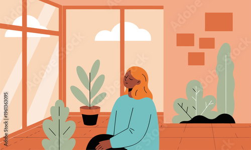 A woman enjoys a quiet morning sunroom moment, bathed in soft light. She sits relaxed, surrounded by plants, creating a peaceful and serene atmosphere. Ideal for wellness and lifestyle visuals.