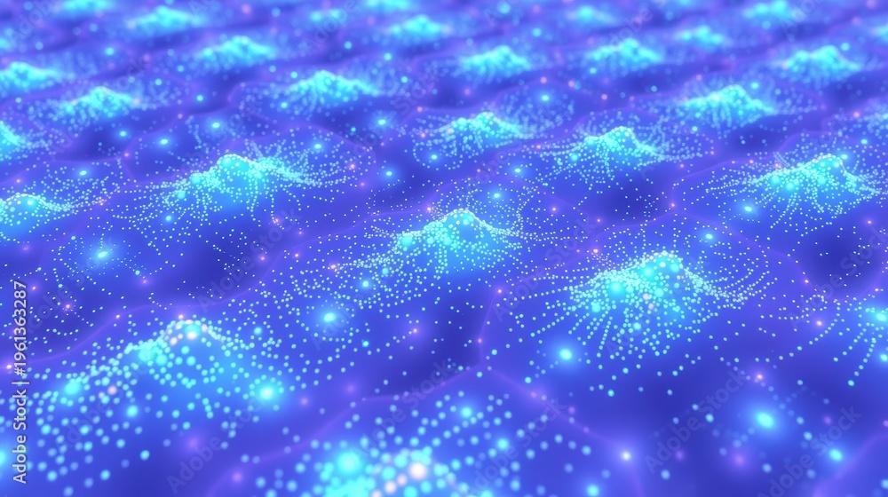 Fototapeta premium Abstract digital landscape. Glowing particles form undulating waves, purple background creates depth. Futuristic, vibrant visual effect.