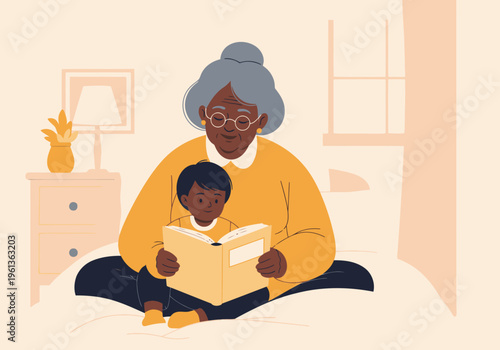 A kind grandmother reads a book to a young boy, fostering a heartwarming family bond. Soft colors and a cozy setting create a comforting image.