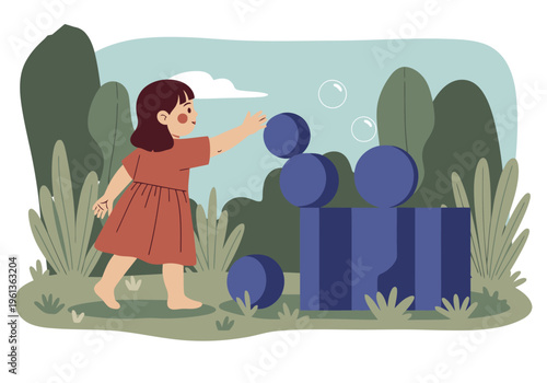 A little girl joyfully chases colorful bubbles outdoors amidst lush greenery. A charming, playful scene of outdoor fun and childhood delight.