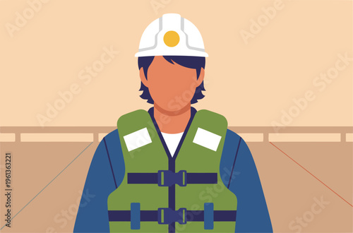 A maritime worker wears a life vest, focused and ready for work. Clean, modern illustration style. Suitable for commercial use.