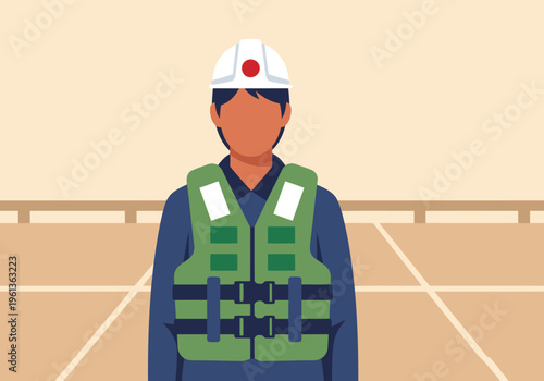 A male maritime worker wears a high-visibility life vest, standing in a modern industrial setting. Clean, graphic style, suitable for commercial use.