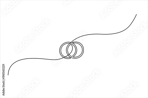 Minimalist one-line art of two overlapping wedding rings. Elegant vector icon for marriage, union, jewelry design, and romantic wedding invitations.