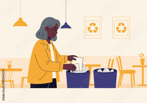 A mature woman sorts waste in a cafe, emphasizing sustainability. Clean design, bright colors, and recycling symbols create a modern, eco-conscious scene.