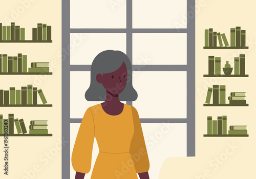 A mature woman contemplates a library window filled with books. Warm colors and a serene setting evoke a sense of quiet reflection and knowledge. Ideal for lifestyle and educational visuals.