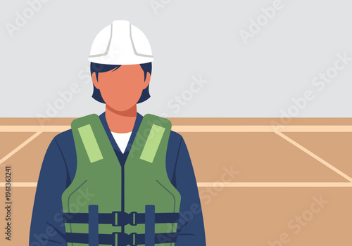 A female maritime worker wears a life vest, symbolizing safety and professionalism. Clean, modern illustration style. Suitable for commercial use.