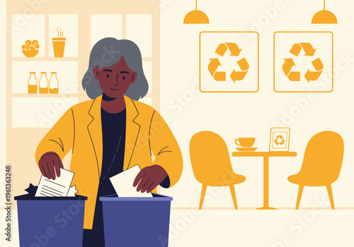 A mature woman sorts waste in a cafe, promoting eco-friendly practices. Clean, modern illustration with a focus on sustainability and responsible consumption.