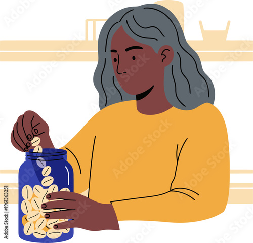 A mature Black woman carefully measures coffee beans into a jar at a zero-waste station. Warm tones and a focused expression create a sustainable lifestyle image.