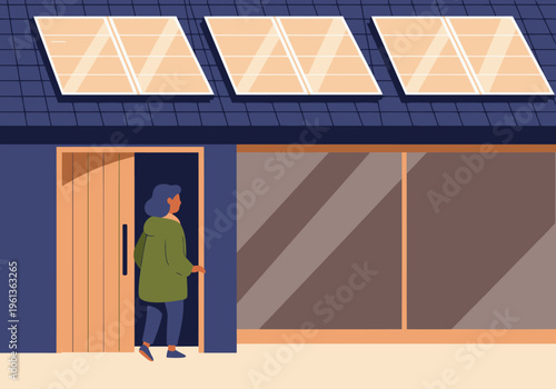 A modern cafe showcases solar panels on its roof, with a woman entering. Bright, clean design highlights sustainable energy. Perfect for business or lifestyle visuals.