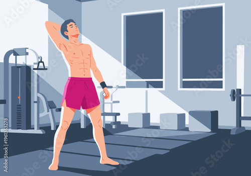 A muscular athlete performs a cool-down stretch in a gym. Bright sunlight streams through the windows. Focus on fitness and wellness.