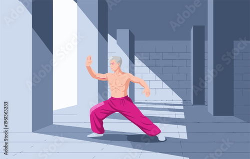 A muscular man performs Tai Chi in a sunlit hall. Dynamic pose, focused expression, showcasing martial arts training. Clean, modern setting.