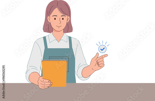 A smiling woman presents a tablet displaying a loyalty reward token. Blockchain Cafe logo. Modern digital asset illustration. Confirmed reward.