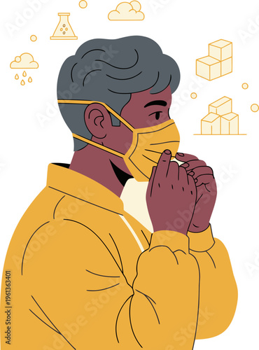 A technician verifies a mask seal with focused attention. Modern illustration style, featuring science icons and a clean design. Suitable for health, safety, and technology themes.