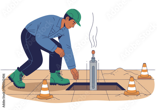 A utility worker inspects a manhole cover, prioritizing floor safety with cones and protective gear. Clean, modern illustration.