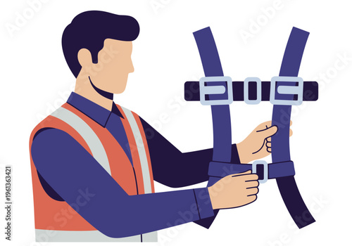 A worker secures a safety harness, demonstrating proper procedure. Clear illustration highlights safety protocols. Modern, graphic style. Ideal for workplace training.
