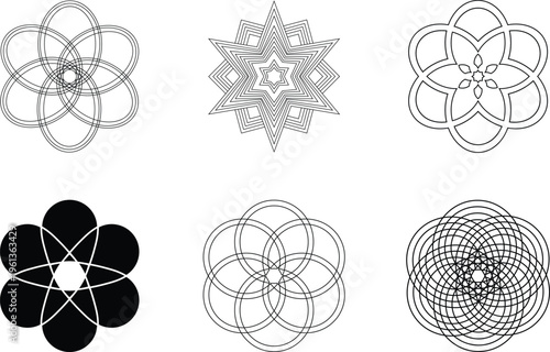 Collection of intricate geometric spirograph designs in black and white, showcasing symmetry, radial patterns, and parametric aesthetics. Perfect for abstract art, digital backgrounds.