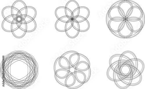 Collection of intricate geometric spirograph designs in black and white, showcasing symmetry, radial patterns, and algorithmic aesthetics. Perfect for abstract art, digital backgrounds.