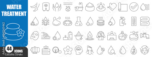 Water Treatment Line Icons Set – Purification, Hygiene, Spa and Wellness Outline Vector Collection