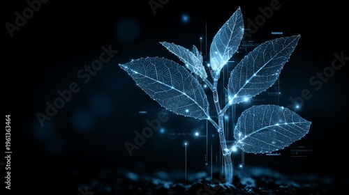 Digital blueprint of futuristic plant with glowing transparent leaves
