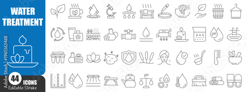 Water Treatment Line Icons Set – Purification, Hygiene, Spa and Wellness Outline Vector Collection