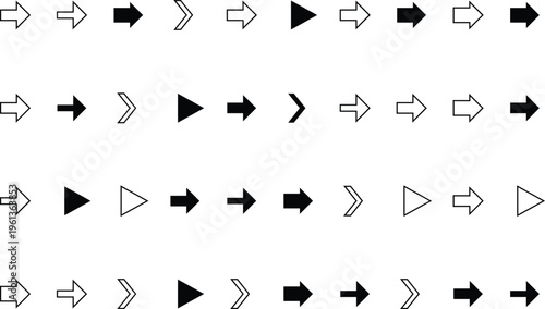 A neat collection of black and white arrow icons arranged in rows on a simple white backdrop