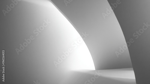 Minimalist abstract architecture with curved white surfaces and natural light