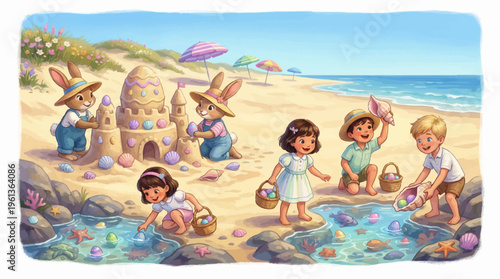 Whimsical Easter beach illustration with children and bunnies, cute kids hunting for colorful eggs in tide pools, sandcastle egg hunt vector
