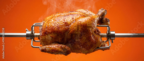 Roasted whole chicken spinning on rotisserie hot and steaming