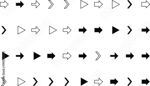 A varied selection of digital arrow symbols presented in a structured grid layout with empty space