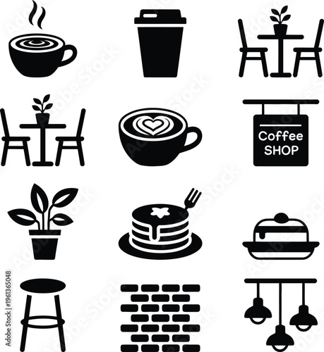 Collection of icons representing various elements of a cozy coffee shop setting