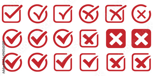 Check tick mark icon set. Cross box x check mark checkbox v list vector draw hand drawn sketch doodle brush marker checklist symbol wrong right circle. Vector Illustration. Red, Green, Black color EPS
