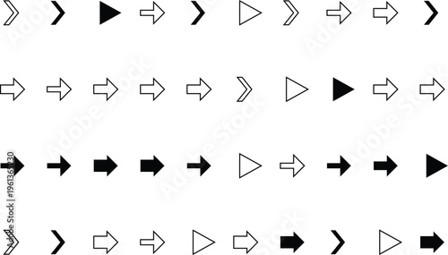 Various black and white directional arrow symbols are arranged neatly across several horizontal lines