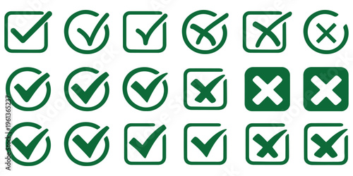 Check tick mark icon set. Cross box x check mark checkbox v list vector draw hand drawn sketch doodle brush marker checklist symbol wrong right circle. Vector Illustration. Red, Green, Black color EPS