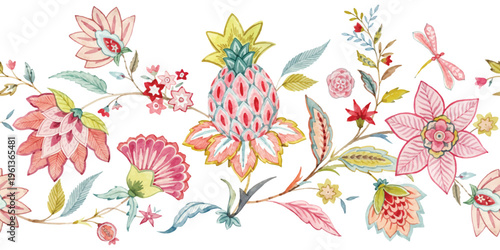 Watercolor seamless border pattern featuring decorative pineapples and vintage floral elements Vector, illustration