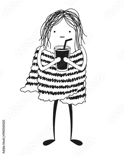 Funny hand drawn doodle girl wrapped in blanket holding coffee, depressed or tired woman character, minimalist vector illustration for stickers and posters