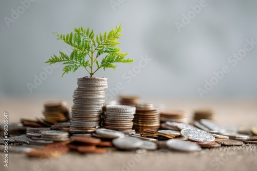 Growing plant on stacked coins symbolizing financial growth and investment success