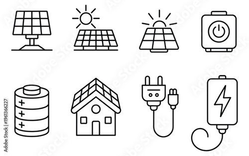 Solar power icons, outline icon set of solar power systems, featuring solar panels, photovoltaic installations, solar farms, sun trackers, clean energy symbols