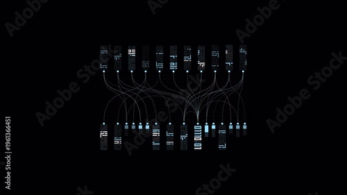 Futuristic data pipeline diagram with connected nodes and digital network routing, sci fi technology background, AI processing system architecture, cyber data flow visualization